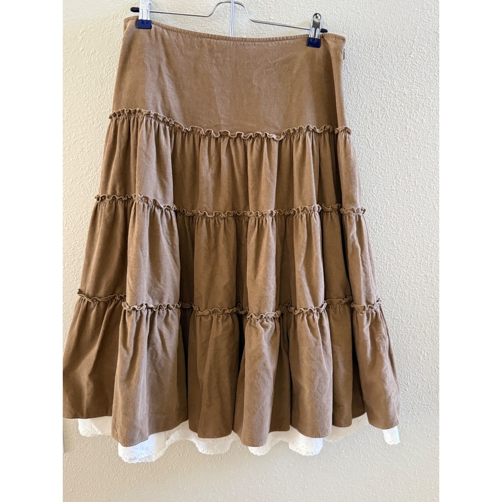 Tommy Hilfiger Brown Corduroy Tiered Eyelet Lace Trim Midi Skirt Size 4 Prairie